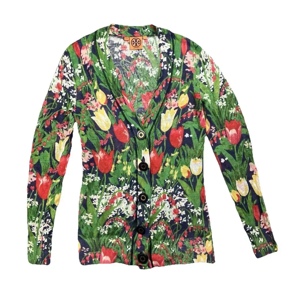 Tory Burch Linen Blend Cardigan Womens S Floral Garden Print Lightweight Preppy